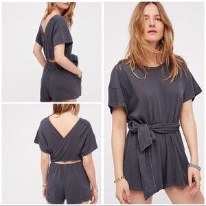 Free People S Easy Street Wrap Romper One Piece Carbon Gray Blue Relaxed Fit